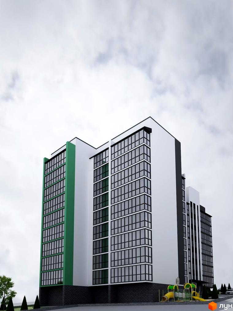 Зовнішній вигляд житлового комплексу Затишний Дім з зеленою фасадною частиною та великою кількістю вікон. На прибудинковій території розташований дитячий майданчик.