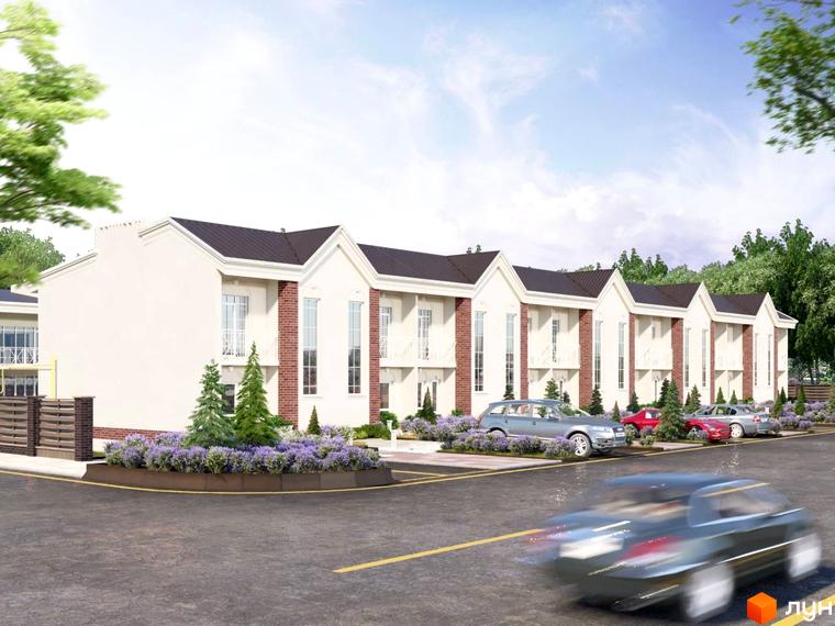 Котеджне містечко КМ Айленд. Фасади білих будинків з червоною цеглою, зелені ялинки та фіолетові квіти на прибудинковій території.