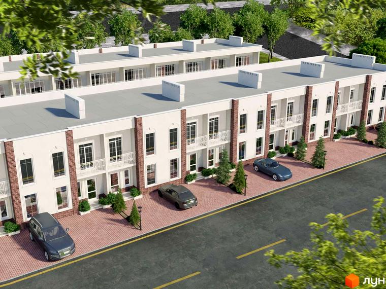 Зовнішній вигляд котеджного комплексу КМ Айленд з цегляними елементами та балконами, перед будинками розташовані автомобілі та зелені насадження.