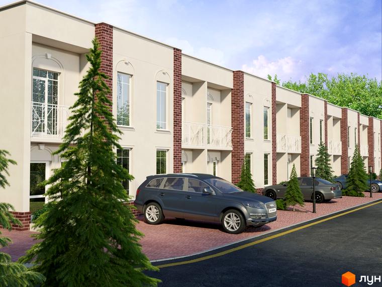 Зовнішній вигляд комплексу КМ Айленд з цегляними колонами та балконами. На прибудинковій території розташовані дерева та автомобілі.