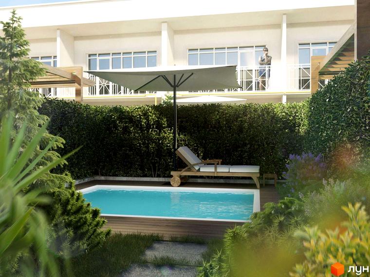 КМ Айленд: двоповерхові будинки з балконами та приватним басейном з шезлонгами, оточені зеленню та деревами.