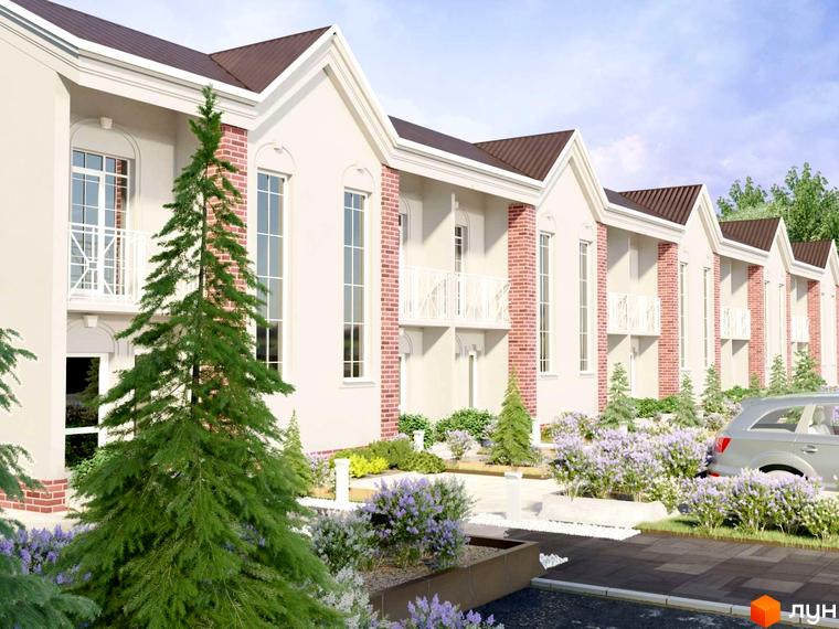 Котеджне містечко КМ Айленд: фасади будинків з червоної цегли та білої штукатурки, балкони, вікна, зелені насадження та квіти на прибудинковій території.