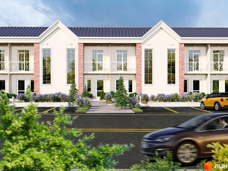 Фасад житлового комплексу КМ Айленд з двома поверхами, вікнами та балконами, на тлі зелені та парковки з автомобілями.