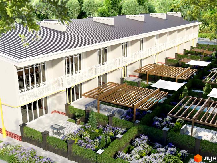 Котеджне містечко КМ Айленд: фасади будинків з великими вікнами та балконами, прибудинкова територія з терасами, зеленими насадженнями та зонами відпочинку.