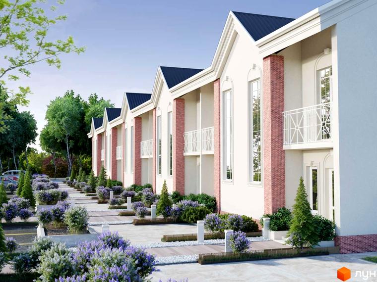 Котеджне містечко КМ Айленд. Фасад будівель з білою штукатуркою, червоною цеглою та темним дахом. Доглянута прибудинкова територія з деревами та квітами.