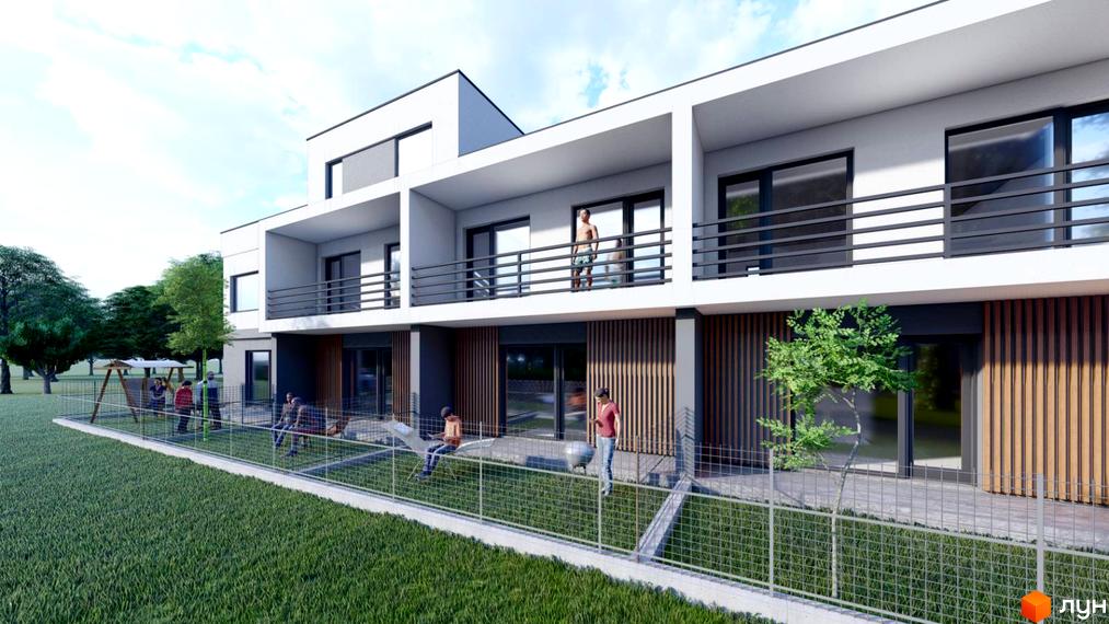 Фасад житлового комплексу з балконами та вікнами, поруч дитячий майданчик та зелена зона. Нова новобудова на вулиці Котирла, 34.