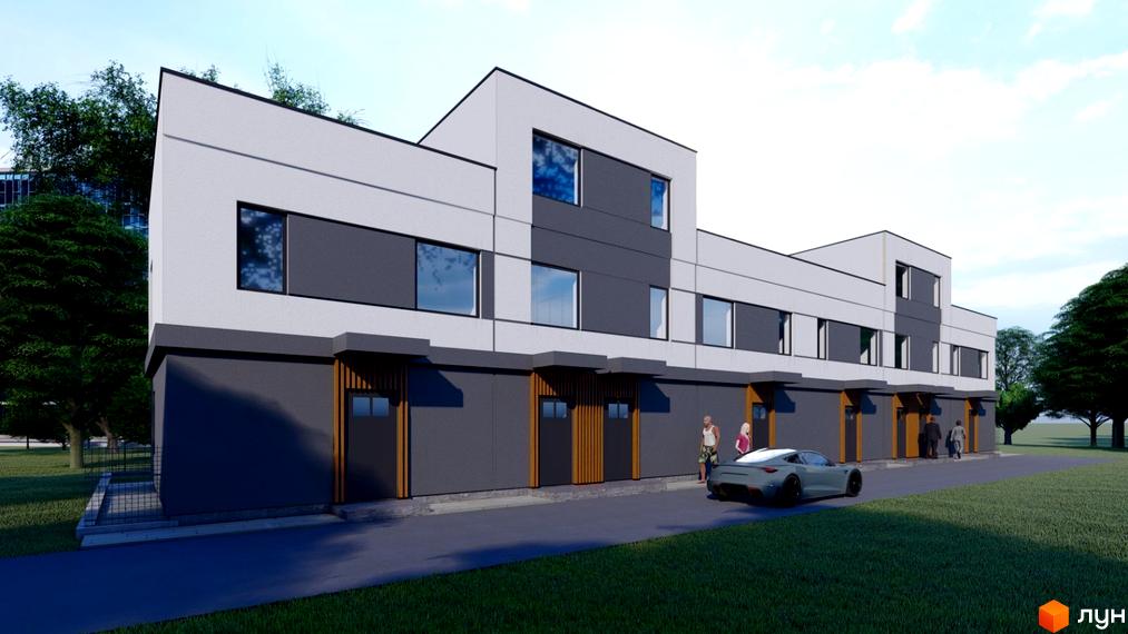 Зовнішній вигляд триповерхових будинків з сірими та білими фасадами, великими темними вікнами та індивідуальними входами. Поруч розташований сірий автомобіль та зелена галявина.