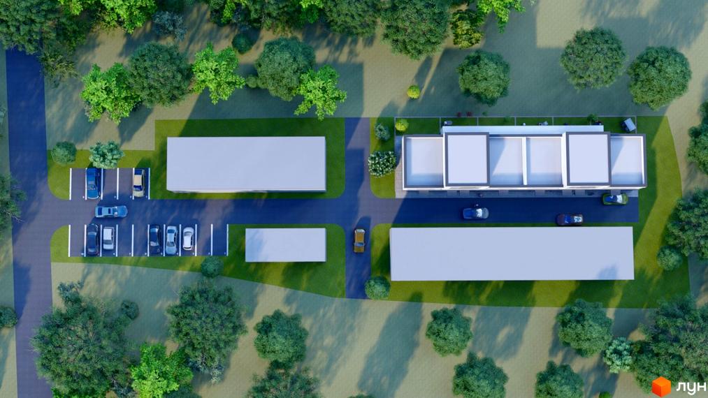 Вигляд зверху на новобудову на вулиці Котирла, 34, з парковкою та зеленими насадженнями навколо. Будинок має прямокутну форму з кількома секціями.