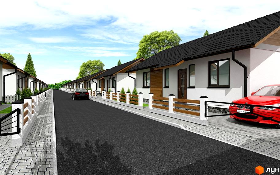 Котеджне містечко Сімейний квартал: ряд білих одноповерхових будинків з чорними дахами та дерев'яними елементами. Вулиця з асфальтовим покриттям та доріжками.