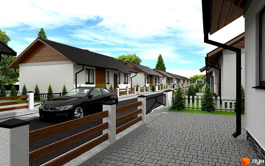 КМ Сімейний квартал: будинки з білими фасадами, темними дахами. Прибудинкова територія з газонами, хвойними деревами та бруківкою.