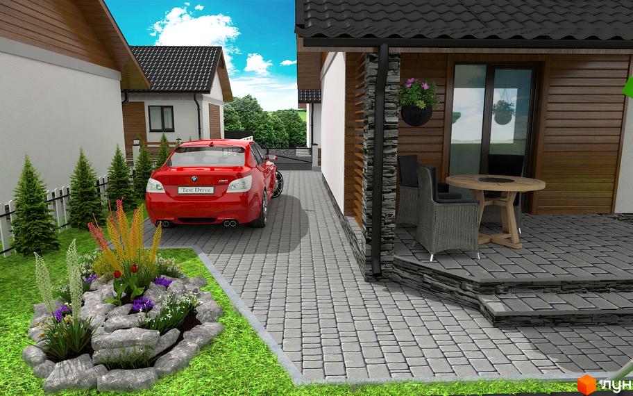 Котеджне містечко КМ Сімейний квартал: червоний BMW на бруківці біля будинку з терасою та зоною відпочинку. Зелена галявина з клумбою.