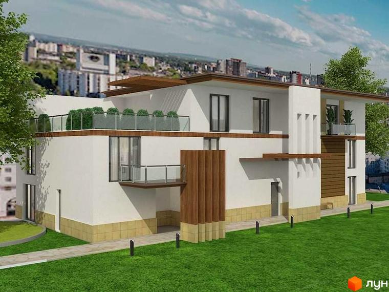 Житловий комплекс Персія: двоповерховий будинок з терасою та скляними балконами, зеленою зоною та доріжками.