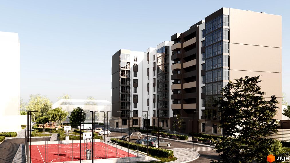 Житловий комплекс Центральний з фасадами білого та темного кольору, балконами, панорамними вікнами та спортивним майданчиком.