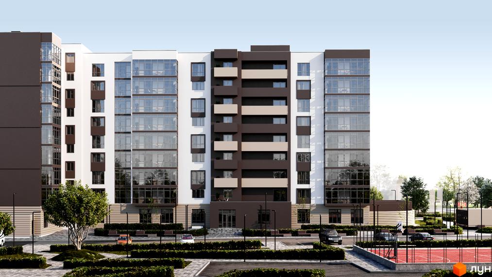 Зовнішній вигляд новобудови ЖК Центральний з великою кількістю скління та балконів. Прибудинкова територія з деревами, кущами та спортивним майданчиком.