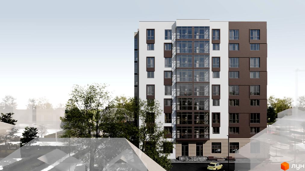 Фасад житлового комплексу Центральний з панорамними вікнами та коричневими вставками. Навколо будівлі зелені дерева та елементи прибудинкової території.