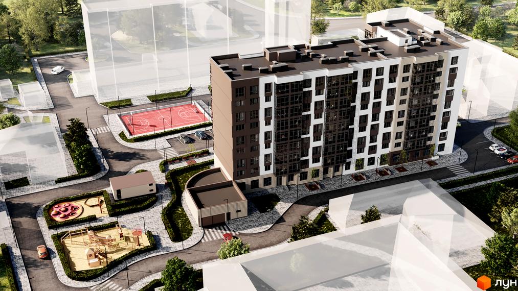 Житловий комплекс Центральний - це сучасна новобудова з великою кількістю вікон та прибудинковою територією, де є дитячі майданчики та спортивне поле.