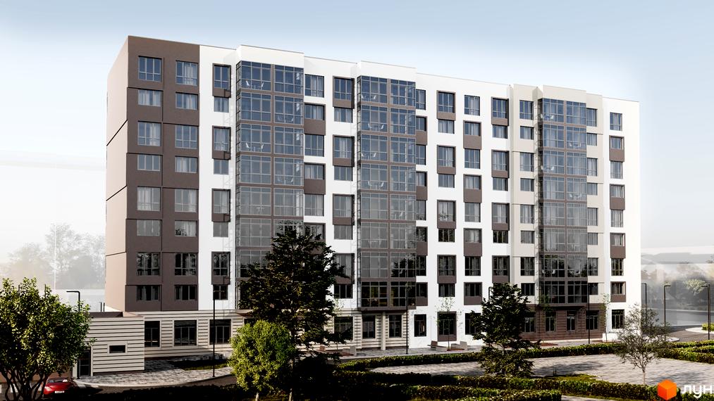 Зовнішній вигляд новобудови ЖК Центральний з великими вікнами та сірими вставками, прибудинкова територія з деревами та доріжками.