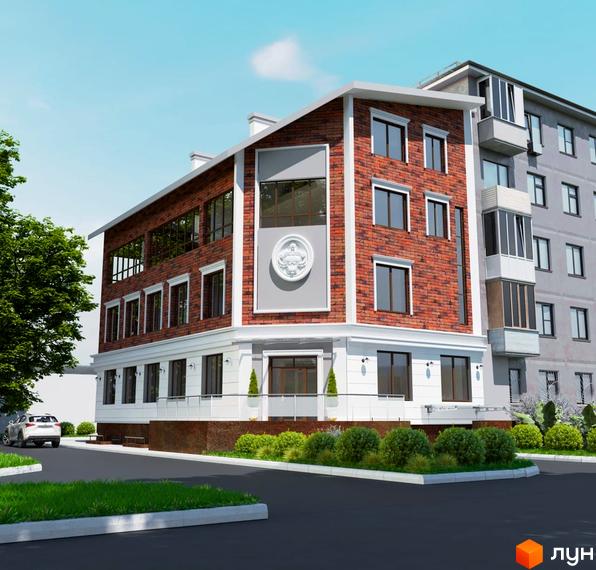 Фасад житлового комплексу Прага Lux, оздоблений червоною цеглою та білими декоративними елементами, з прибудинковою територією та зеленими насадженнями.
