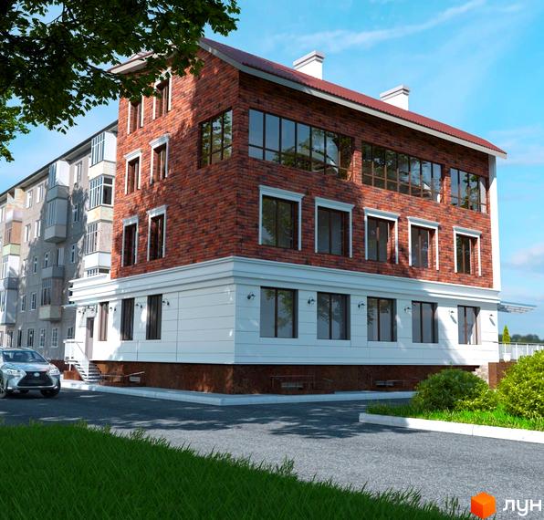 Зовнішній вигляд житлового комплексу Прага Lux з цегляним фасадом та білою нижньою частиною, поруч розташована сусідня будівля та автомобіль на асфальтованій дорозі.