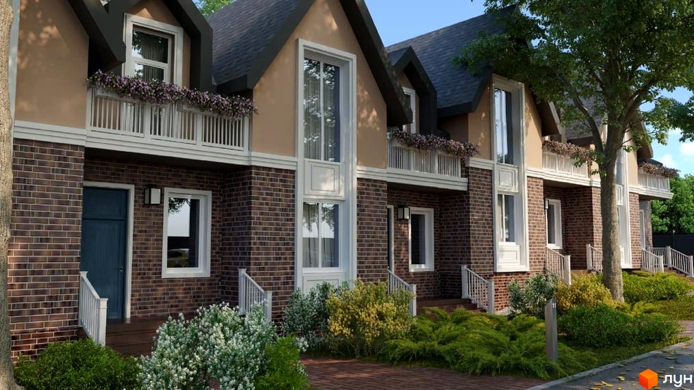 Котеджне містечко КМ Park House: цегляні фасади, білі балкони з квітами та зелені насадження біля будинку.