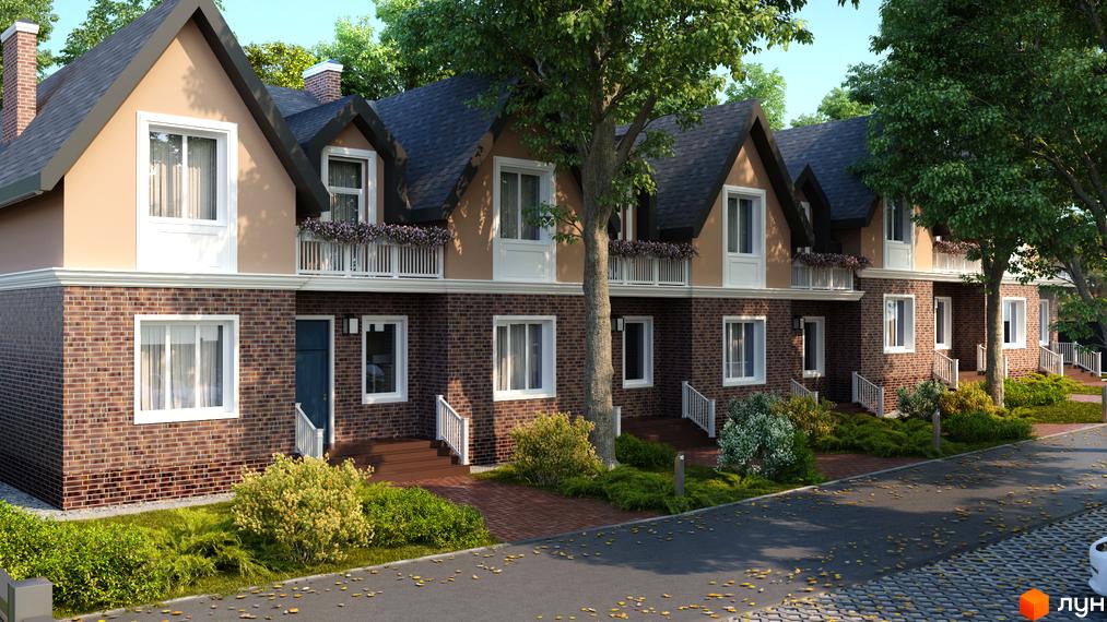 Котеджне містечко Park House: цегляні та світлі фасади будинків, зелені газони та дерева навколо. На території є бруківка та доріжки.