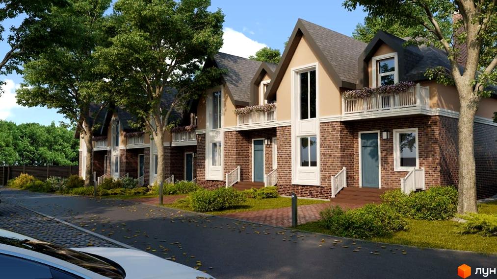 Котеджне містечко КМ Park House: фасади будинків з цегли та штукатурки, балкони з квітами, охайні дворики з деревами та газоном.