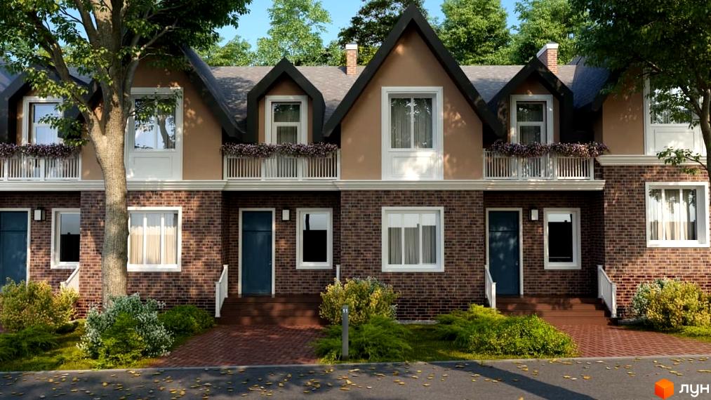 Фасад котеджного комплексу КМ Park House з цегляною кладкою та балконами, оточений зеленню та деревами. Прибудинкова територія з доріжками та кущами.