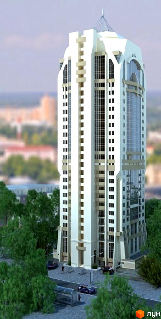 Житловий комплекс Континент з сучасною архітектурою та прибудинковою територією, озелененою деревами та автомобілями.