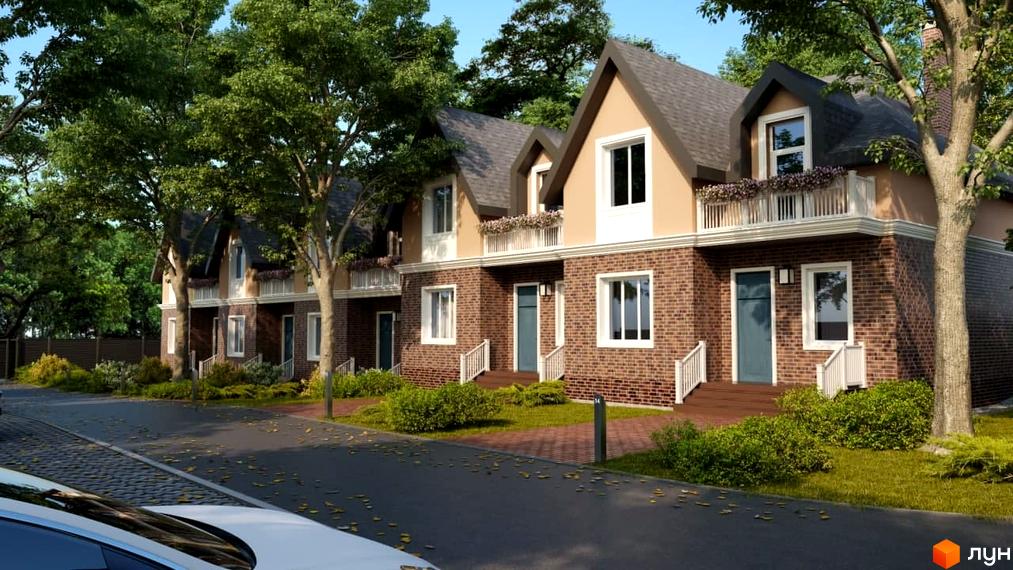 Котеджне містечко Park House: цегляні будинки з балконами та зеленими насадженнями. Прибудинкова територія з доглянутими газонами та деревами.