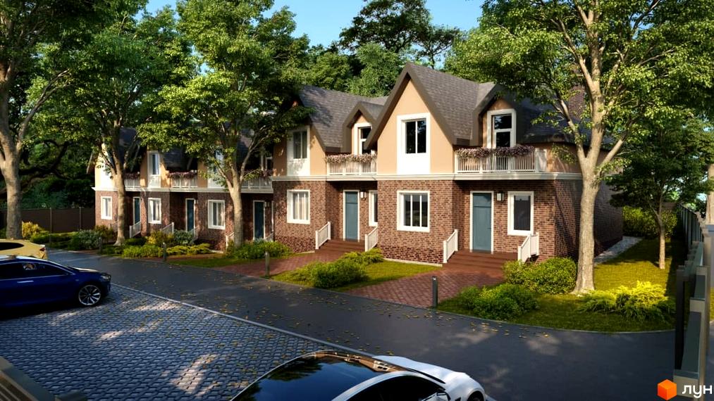 Котеджне містечко Park House: цегляні та світлі фасади будинків з балконами, оточені зеленими деревами та доглянутою прибудинковою територією з доріжками та автомобілями.