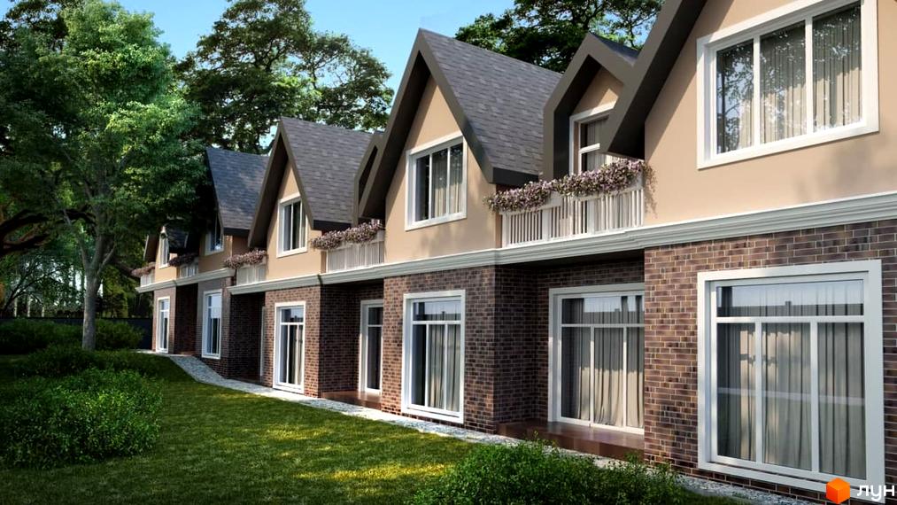 Котеджне містечко КМ Park House: фасади будинків з цегляною кладкою та великими вікнами, зелена прибудинкова територія з газоном та деревами.
