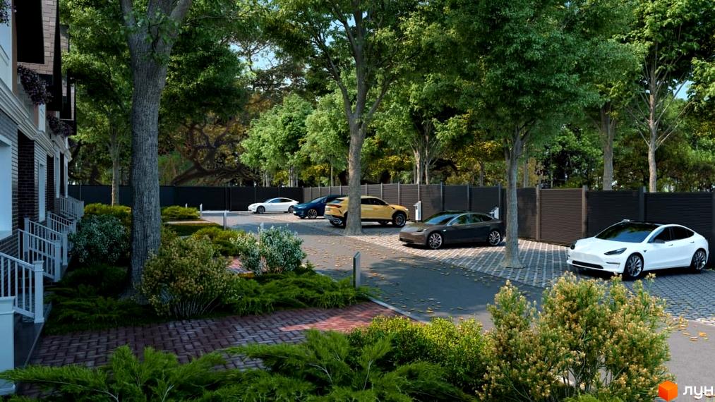 Котеджне містечко Park House з парковкою для електромобілів та зеленою прибудинковою територією. Зовнішній вигляд будинку та доглянутий ландшафт.