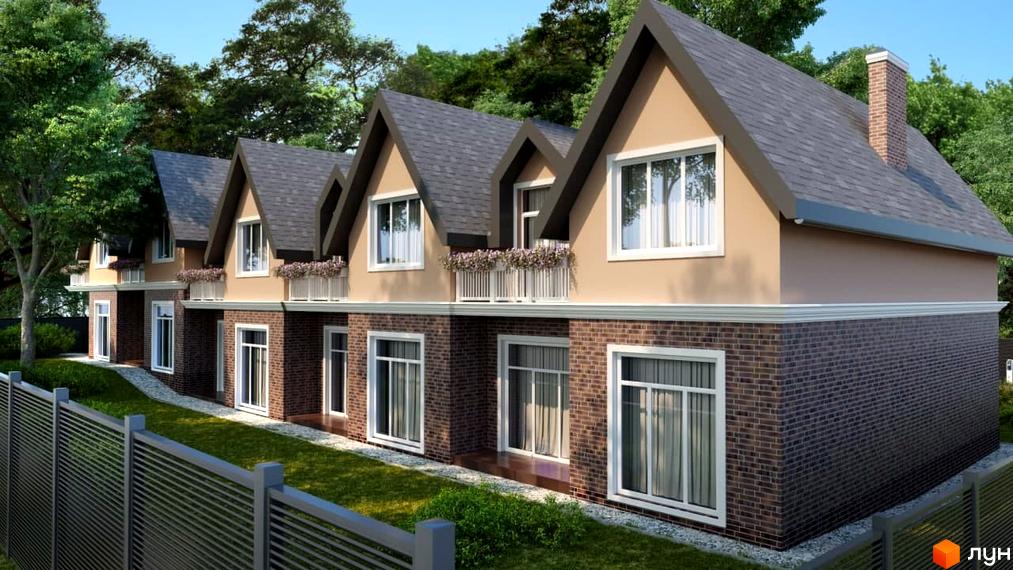 Котеджне містечко КМ Park House: фасади будинків з цегляною обробкою та великими вікнами, зелена прибудинкова територія з парканом.