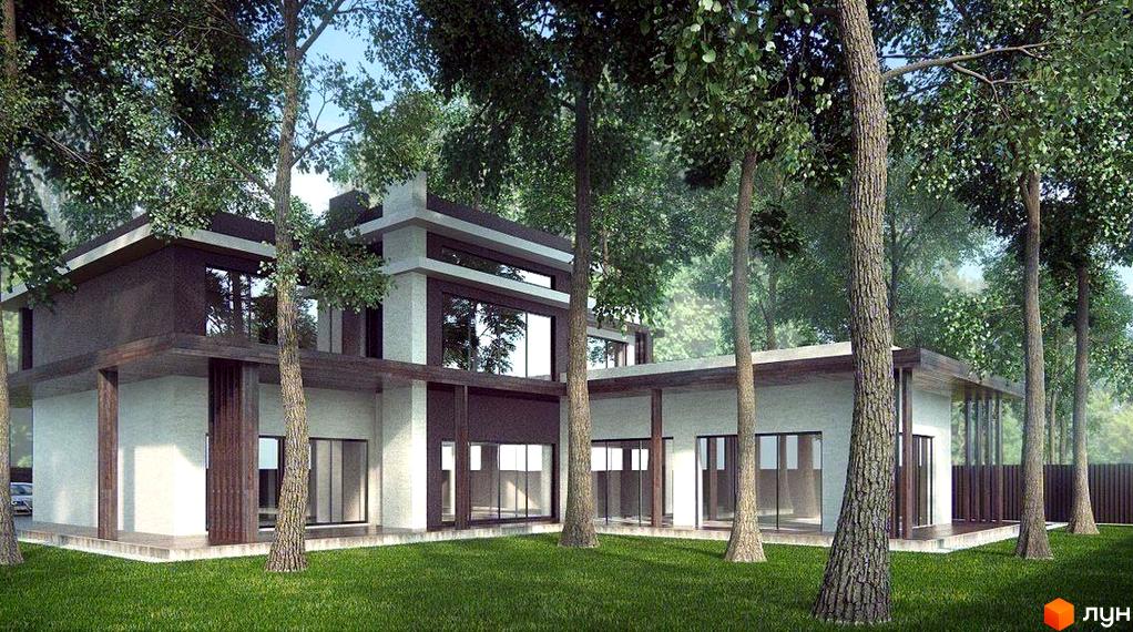 Котеджне містечко КМ Park House - двоповерховий будинок з великими вікнами, оточений деревами. Навколо будинку доглянутий газон та паркан.