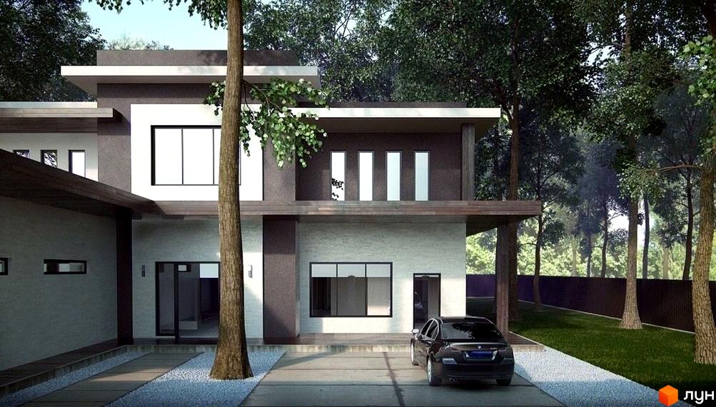 Котеджне містечко КМ Park House. Сучасний двоповерховий будинок з великими вікнами, розташований серед дерев, з автомобілем на подвір'ї.