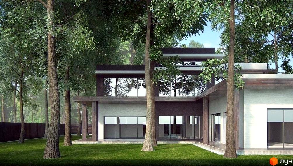 Котеджне містечко Park House: двоповерховий будинок з великими вікнами та терасою, оточений деревами та доглянутим газоном.