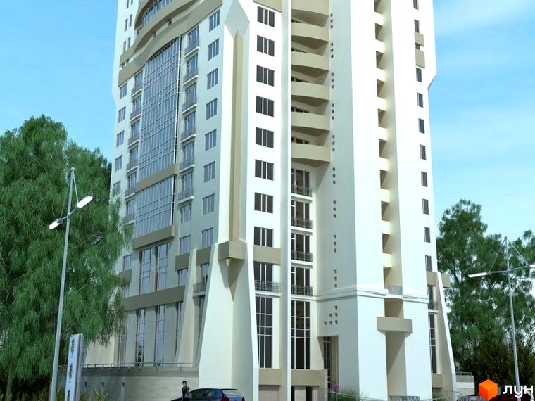 Високий світлий Житловий комплекс Континент з великими вікнами та балконами. Будівля оточена зеленими деревами, поруч є вуличний ліхтар та дорога.