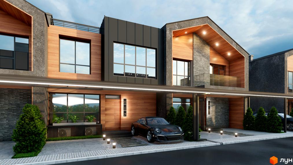 Котеджне містечко КМ ЛісоПаркове: фасади будинків з натурального дерева та каменю, прибудинкова територія з авто та зеленими насадженнями.