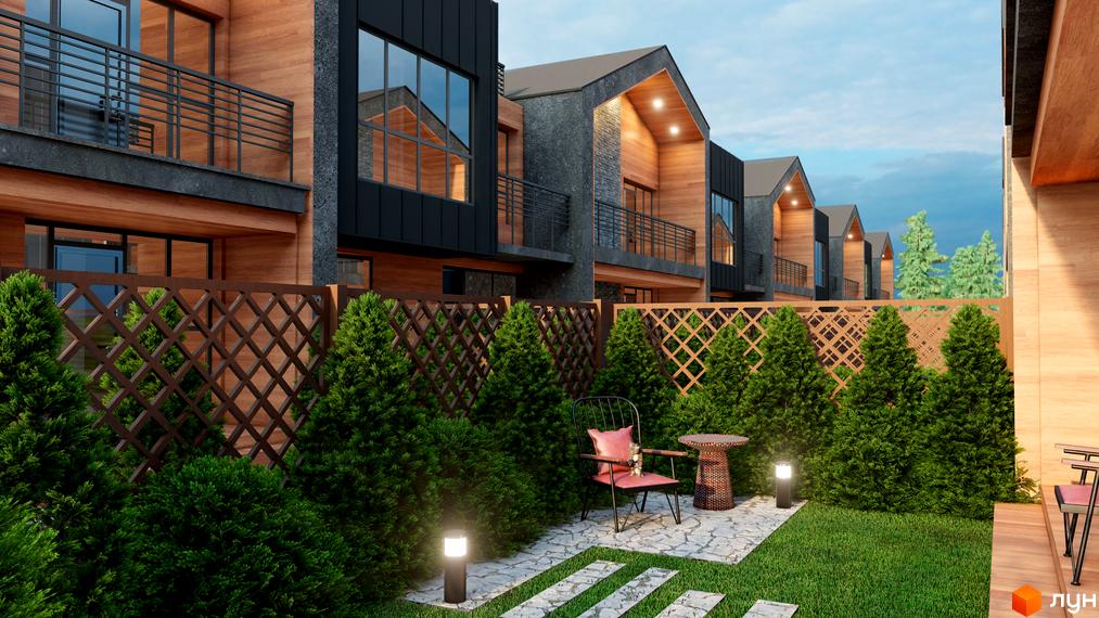 Котеджне містечко КМ ЛісоПаркове: фасади будинків з дерева та каменю, балкон, вікна. Прибудинкова територія з парканом, ялинками, газоном, доріжками, столиком та кріслом.