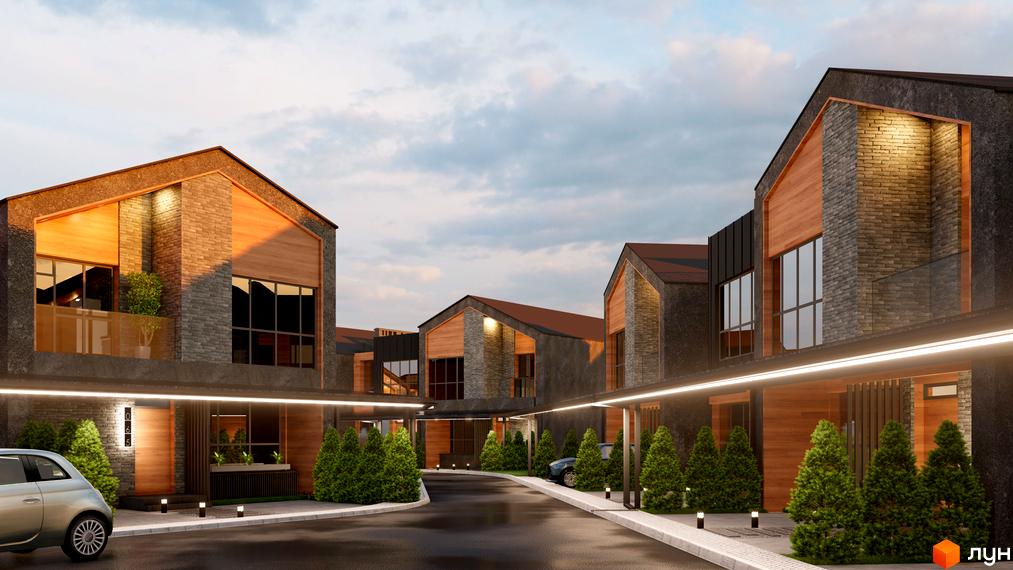 Котеджне містечко ЛісоПаркове з фасадами з каменю та дерева. На території облаштована прибудинкова територія з деревами та освітленням.