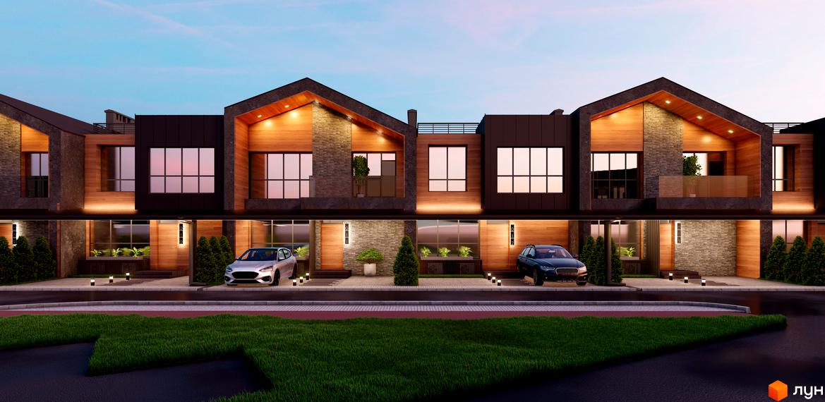 Котеджне містечко КМ ЛісоПаркове. Сучасні будинки з дерев'яними та кам'яними фасадами, великими вікнами та доглянутою прибудинковою територією з газоном та деревами.