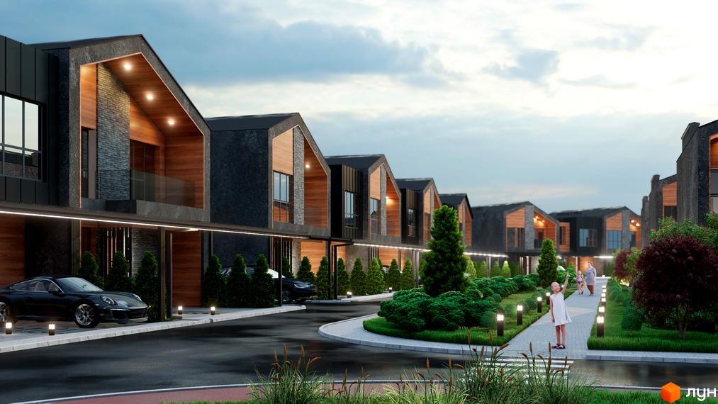 Котеджне містечко КМ ЛісоПаркове: фасади будинків з натурального каменю та дерева, панорамні вікна, доглянута прибудинкова територія з освітленням та зеленими насадженнями.