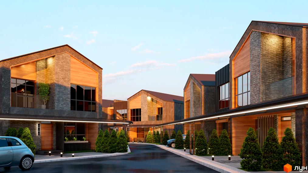 Котеджне містечко КМ ЛісоПаркове. Сучасні будинки з кам'яним та дерев'яним оздобленням фасадів, облаштована прибудинкова територія з зеленими насадженнями та паркувальними місцями.