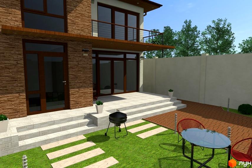 Таунхауси „Затишний дворик“: двоповерховий будинок з кам'яним фасадом та балконом, облаштований двір з газоном, терасою та зоною відпочинку.