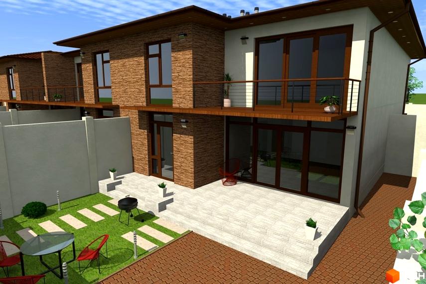 Таунхауси „Затишний дворик“: двоповерхові будинки з цегляним фасадом та балконом, упорядкована прибудинкова територія з газоном, терасою та зоною барбекю.