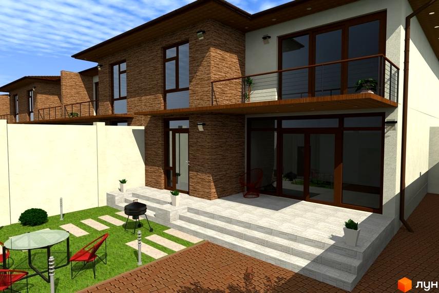 Таунхауси „Затишний дворик“: двоповерхові будинки з коричневою цегляною облицовкою, балконом та великими вікнами. Прибудинкова територія з газоном, терасою та зоною для барбекю.