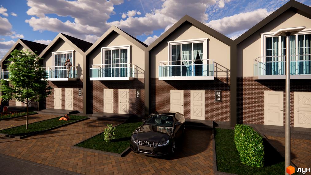 Зображення таунхаусів в ЖК на Інститутській з балконами, фасадами з цегли та прибудинковою територією з бруківкою та газонами.