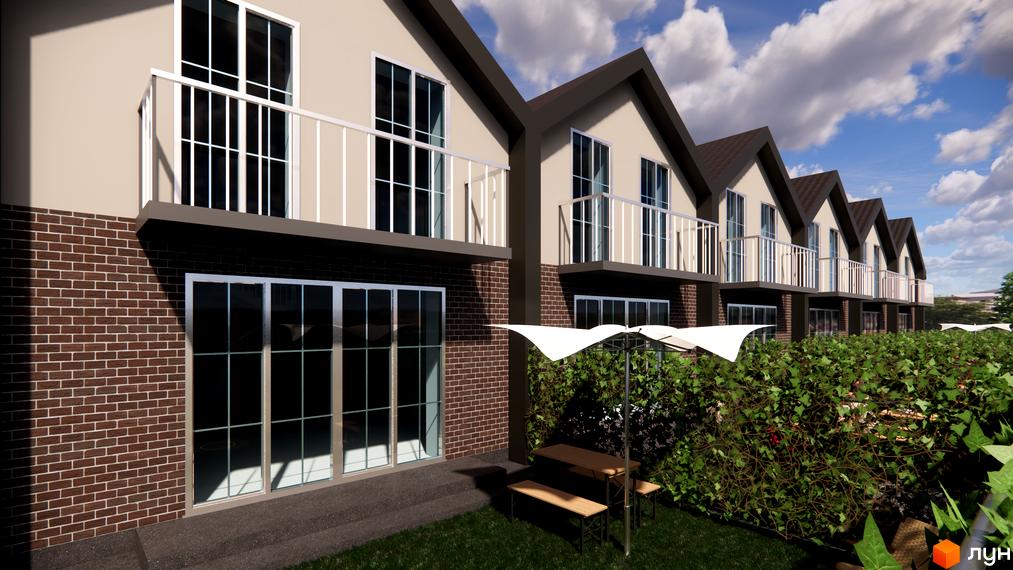 Таунхаус на Інститутській – це двоповерхові будинки з цегляним фасадом та балконами, що виходять на зелену прибудинкову територію з альтанкою та столиком.