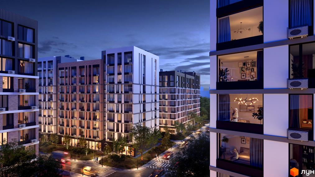 Зовнішній вигляд житлового комплексу Євромісто 2 з фасадами з цегли та білої штукатурки, вікнами та кондиціонерами, що виходять на дорогу з автомобілями та пішоходами.