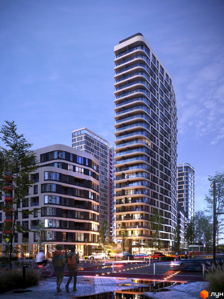 Сучасний житловий комплекс з вигнутими фасадами та панорамними вікнами, що виходить на доглянуту прибудинкову територію з освітленням та зеленими насадженнями.